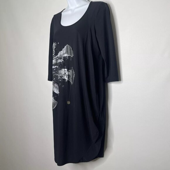 MC Planet by Innate Black Flash Dress Asymmetric Draped Abstract Floral - Picture 6 of 9